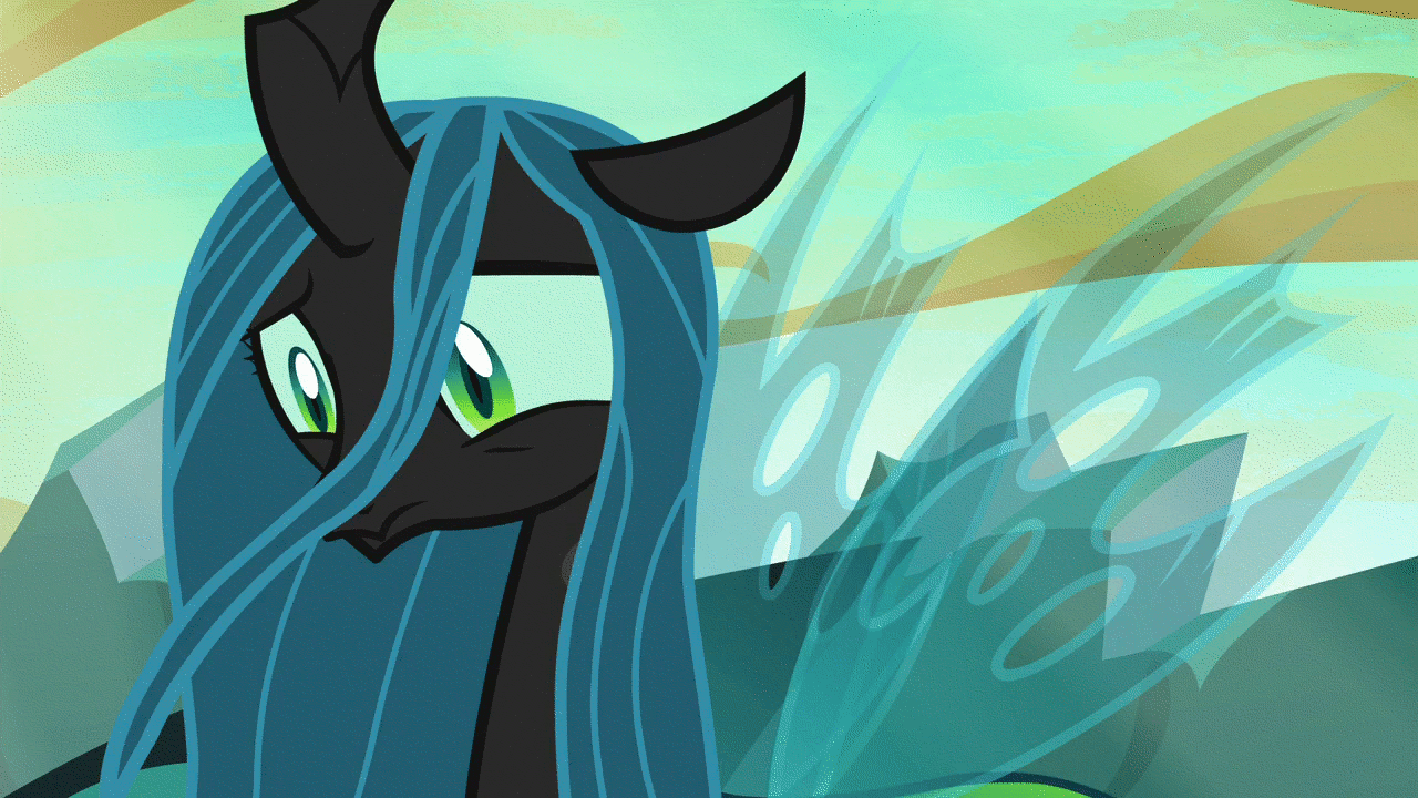 Size: 1280x720 | Tagged: safe, screencap, character:queen chrysalis, species:changeling, episode:to where and back again, g4, my little pony: friendship is magic, animated, changeling hive, changeling queen, close-up, cloud, cute, cutealis, despair, eye shimmer, female, former queen chrysalis, frown, gif, looking down, sad, sadorable, sky, solo, windswept mane, wings, woobie