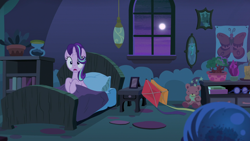 Size: 1920x1080 | Tagged: safe, screencap, character:starlight glimmer, species:pony, species:unicorn, episode:to where and back again, g4, my little pony: friendship is magic, bed, bedroom, clothing, female, hat, in bed, kite, mare, moon, night, solo, starlight's room, teddy bear, that pony sure does love kites, waking up, wizard hat