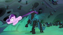 Size: 1920x1080 | Tagged: safe, screencap, character:queen chrysalis, character:starlight glimmer, character:thorax, species:changeling, episode:to where and back again, g4, my little pony: friendship is magic, changeling guard, changeling queen, female, tail, tail pull