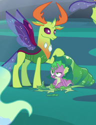 Size: 830x1080 | Tagged: safe, screencap, character:spike, character:thorax, species:changeling, species:dragon, species:reformed changeling, episode:to where and back again, g4, my little pony: friendship is magic, changeling king, changeling slime, cocoon, cropped, duo focus, male