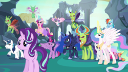 Size: 1920x1080 | Tagged: safe, screencap, character:applejack, character:pinkie pie, character:princess cadance, character:princess celestia, character:princess flurry heart, character:princess luna, character:rainbow dash, character:rarity, character:shining armor, character:starlight glimmer, character:thorax, character:twilight sparkle, character:twilight sparkle (alicorn), species:alicorn, species:changeling, species:pony, species:reformed changeling, episode:to where and back again, g4, my little pony: friendship is magic, alicorn pentarchy, horses doing horse things, tricorn, victory
