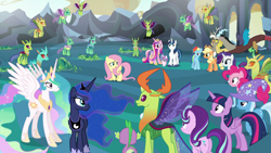 Size: 1920x1080 | Tagged: safe, screencap, character:applejack, character:discord, character:fluttershy, character:pinkie pie, character:princess cadance, character:princess celestia, character:princess flurry heart, character:princess luna, character:rainbow dash, character:rarity, character:shining armor, character:spike, character:starlight glimmer, character:thorax, character:trixie, character:twilight sparkle, character:twilight sparkle (alicorn), species:alicorn, species:changeling, species:draconequus, species:earth pony, species:pegasus, species:pony, species:reformed changeling, species:unicorn, episode:to where and back again, g4, my little pony: friendship is magic, alicorn pentarchy, changeling king, cocoon, cornicle, ethereal mane, female, filly, foal, male, mane seven, mane six, mare, stallion