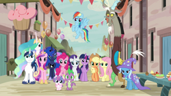 Size: 1920x1080 | Tagged: safe, screencap, character:applejack, character:discord, character:fluttershy, character:pinkie pie, character:princess cadance, character:princess celestia, character:princess flurry heart, character:princess luna, character:rainbow dash, character:rarity, character:shining armor, character:spike, character:trixie, character:twilight sparkle, character:twilight sparkle (alicorn), species:alicorn, species:draconequus, species:dragon, species:earth pony, species:pegasus, species:pony, species:unicorn, episode:to where and back again, g4, my little pony: friendship is magic, alicorn pentarchy, mane seven, mane six, our town, royal family, royalty, season 6, smiling