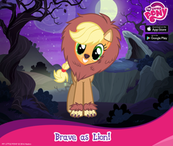Size: 940x788 | Tagged: safe, gameloft, official, screencap, character:applejack, species:earth pony, species:pony, animal costume, applelion, clothing, costume, cute, engrish, female, grin, jackabetes, looking at you, mare, my little pony logo, nightmare night costume, smiling, solo