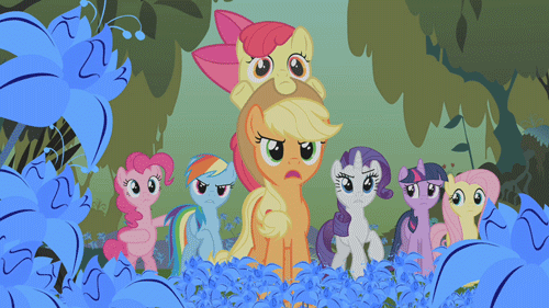 Size: 500x281 | Tagged: safe, screencap, character:apple bloom, character:applejack, character:fluttershy, character:pinkie pie, character:rainbow dash, character:rarity, character:twilight sparkle, species:pony, episode:bridle gossip, g4, my little pony: friendship is magic, adorabloom, animated, bipedal, cute, frown, glare, mane six, open mouth, poison joke, ponies riding ponies, pony hat, raised hoof, talking