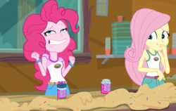 Size: 787x496 | Tagged: safe, screencap, character:fluttershy, character:pinkie pie, equestria girls:legend of everfree, g4, my little pony:equestria girls, blooper, camp everfree, camp everfree logo, clothing, faec, female, food, giggling, laughing, legend of everfree - bloopers, sleeveless, sprinkles, tank top, water
