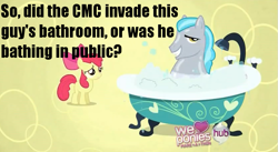 Size: 835x459 | Tagged: safe, screencap, character:apple bloom, species:earth pony, species:pony, episode:hearts and hooves day, g4, my little pony: friendship is magic, bath, bath pony, bathtub, caption, claw foot bathtub, duo, female, filly, fridge logic, image macro, male, smiling, squeaky clean, stallion, suds, the perfect stallion