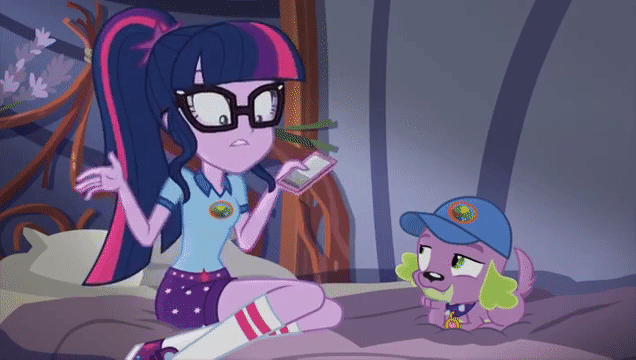 Size: 636x360 | Tagged: safe, screencap, character:spike, character:spike (dog), character:twilight sparkle, character:twilight sparkle (scitwi), species:dog, species:eqg human, equestria girls:legend of everfree, g4, my little pony:equestria girls, adorkable, animated, blooper, cute, dork, fast, gif, legend of everfree - bloopers