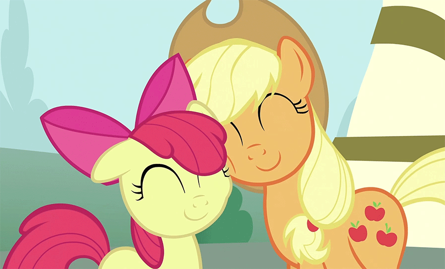 Size: 894x540 | Tagged: safe, screencap, character:apple bloom, character:applejack, episode:ponyville confidential, g4, my little pony: friendship is magic, animated, eyes closed, female, floppy ears, loop, nuzzling, siblings, sisters, smiling