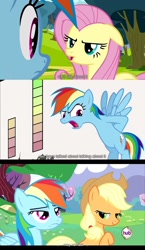 Size: 1280x2210 | Tagged: safe, screencap, character:applejack, character:fluttershy, character:rainbow dash, species:earth pony, species:pegasus, species:pony, female, hub logo, mare, youtube caption