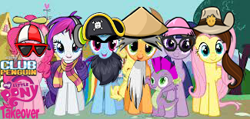 Size: 325x155 | Tagged: safe, screencap, character:applejack, character:fluttershy, character:pinkie pie, character:rainbow dash, character:rarity, character:spike, character:twilight sparkle, clothing, club penguin, cowboy hat, glasses, hat, headphones, mane six, my little pony logo, pirate hat, scarf, sunglasses