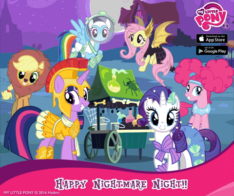 Size: 480x402 | Tagged: safe, gameloft, official, screencap, character:applejack, character:fluttershy, character:pinkie pie, character:rainbow dash, character:rarity, character:twilight sparkle, character:twilight sparkle (alicorn), species:alicorn, species:pony, animal costume, animated, applelion, armor, astrodash, athena sparkle, blinking, clothing, costume, flutterbat costume, gif, idle animation, mane six, mermaid, mermarity, missing wing, my little pony logo, nightmare night, pinkie puffs