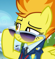 Size: 647x689 | Tagged: safe, screencap, character:spitfire, species:pegasus, species:pony, episode:top bolt, g4, my little pony: friendship is magic, aviator glasses, clothing, frown, hoof hold, incredulous, lidded eyes, necktie, raised eyebrow, reaction image, shirt, solo, sunglasses, uniform