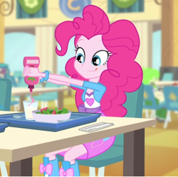 Size: 1082x1076 | Tagged: safe, screencap, character:cherry crash, character:dj pon-3, character:pinkie pie, character:vinyl scratch, episode:pinkie on the one, equestria girls:rainbow rocks, g4, my little pony:equestria girls, boots, cherry crash, cropped, cute, food, high heel boots, milk, salad, syrup