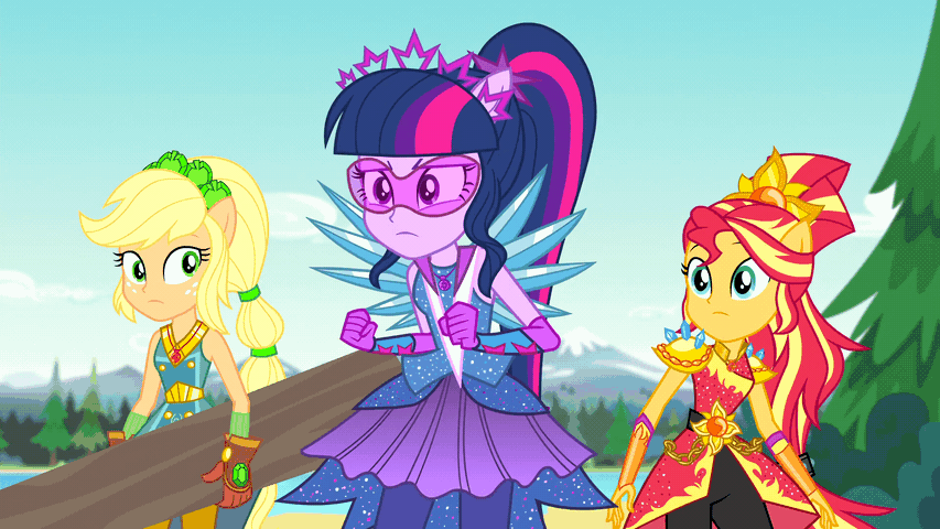 Size: 853x480 | Tagged: safe, screencap, character:applejack, character:sunset shimmer, character:twilight sparkle, character:twilight sparkle (scitwi), species:eqg human, equestria girls:legend of everfree, g4, my little pony:equestria girls, animated, clothing, crystal wings, gif, ponied up, super ponied up