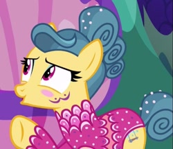 Size: 541x465 | Tagged: safe, screencap, character:trapeze star, species:pony, episode:viva las pegasus, g4, my little pony: friendship is magic, blushing, cropped, leotard, solo