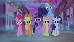 Size: 960x544 | Tagged: safe, screencap, character:applejack, character:fluttershy, character:pinkie pie, character:rainbow dash, character:rarity, character:twilight sparkle, character:twilight sparkle (alicorn), species:alicorn, species:pony, episode:to where and back again, g4, my little pony: friendship is magic, angry, dream, evil mane six, fog, looking at you, mane six, misty (weather), our town, village, walking towards you, wrong neighborhood
