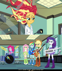 Size: 1280x1474 | Tagged: safe, screencap, character:applejack, character:fluttershy, character:pinkie pie, character:rainbow dash, character:rarity, character:sunset shimmer, episode:the science of magic, equestria girls:friendship games, g4, my little pony:equestria girls, bass guitar, boots, clothing, drum kit, drums, electric guitar, guitar, high heel boots, keytar, musical instrument, psyga's alternate pony scenes, skirt, tambourine, tank top