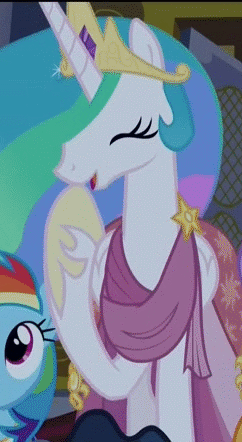 Size: 242x442 | Tagged: safe, screencap, character:princess celestia, character:rainbow dash, character:twilight sparkle, character:twilight sparkle (alicorn), species:alicorn, species:pegasus, species:pony, episode:make new friends but keep discord, g4, my little pony: friendship is magic, amused, animated, beautiful, clothing, cropped, crown, cute, cutelestia, dress, ethereal mane, eyes closed, female, flowing mane, gala dress, gif, giggling, grin, hoof shoes, jewelry, laughing, mare, multicolored hair, noblewoman's laugh, open mouth, raised hoof, regalia, smiling, solo focus