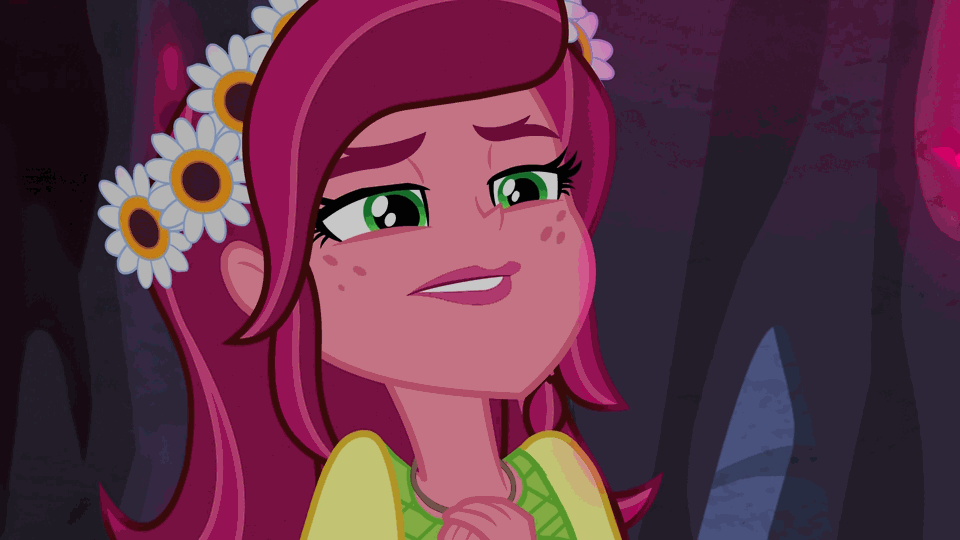 Size: 960x540 | Tagged: safe, screencap, character:gloriosa daisy, equestria girls:legend of everfree, g4, my little pony:equestria girls, angry, animated, eye twitch, face, faec, gif, grin, rapeface, smiling, solo, wide eyes