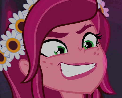 Size: 518x417 | Tagged: safe, screencap, character:gloriosa daisy, equestria girls:legend of everfree, g4, my little pony:equestria girls, angry, animated, cropped, eye twitch, face, faec, gif, grin, rapeface, smiling, solo, wide eyes