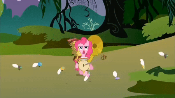 Size: 600x337 | Tagged: safe, screencap, character:pinkie pie, species:earth pony, species:pony, episode:swarm of the century, g4, my little pony: friendship is magic, accordion, animated, banjo, cymbals, female, gif, harmonica, mare, musical instrument, one-pony band, parasprite, solo, sousaphone, tambourine, tuba