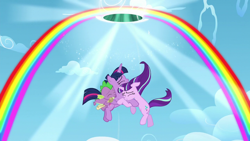 Size: 1280x720 | Tagged: safe, screencap, character:spike, character:starlight glimmer, character:twilight sparkle, character:twilight sparkle (alicorn), species:alicorn, species:dragon, species:pony, species:unicorn, episode:sonic rainboom, episode:the cutie re-mark, g4, my little pony: friendship is magic, clinging, cloud, eyes closed, female, forgiveness, friendship, hug, magic, male, mare, portal, rainbow, s5 starlight, sky, smiling, time travel, time vortex, trio, windswept mane