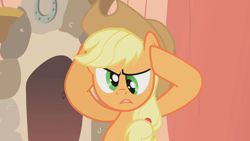 Size: 1280x720 | Tagged: safe, screencap, character:applejack, species:earth pony, species:pony, episode:look before you sleep, g4, my little pony: friendship is magic, cross-eyed, frown, holding head, solo