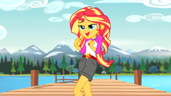 Size: 1920x1080 | Tagged: safe, screencap, character:sunset shimmer, equestria girls:legend of everfree, g4, my little pony:equestria girls, clothing, embrace the magic, lake, lidded eyes, open mouth, shorts, singing, solo
