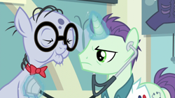 Size: 1280x720 | Tagged: safe, screencap, character:mr. waddle, species:earth pony, species:pony, species:unicorn, episode:on your marks, g4, my little pony: friendship is magic, bow tie, doctor, dr steth, duo, elderly, eyes closed, glasses, glowing horn, listening, liver spots, magic, male, stallion, stethoscope, telekinesis