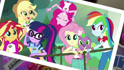 Size: 1280x720 | Tagged: safe, screencap, character:applejack, character:fluttershy, character:pinkie pie, character:rainbow dash, character:spike, character:spike (dog), character:sunset shimmer, character:twilight sparkle, character:twilight sparkle (scitwi), species:dog, species:eqg human, equestria girls:legend of everfree, g4, my little pony:equestria girls, in which pinkie pie forgets how to gravity, legend you were meant to be, pinkie being pinkie, pinkie physics, polaroid, rainbow derp