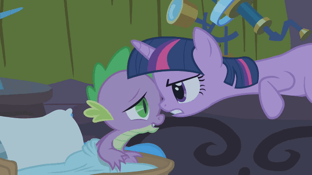 Size: 640x360 | Tagged: safe, screencap, character:spike, character:twilight sparkle, species:dragon, species:pony, species:unicorn, animated, duo, female, gif, male, mare, stare down