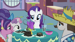 Size: 1920x1080 | Tagged: safe, screencap, character:cookie crumbles, character:hondo flanks, character:rarity, character:sweetie belle, species:pony, ship:cookieflanks, episode:sisterhooves social, g4, my little pony: friendship is magic, breakfast, burnt, burnt juice, food, raised eyebrow, rarity looking at food, rarity's parents, shipping
