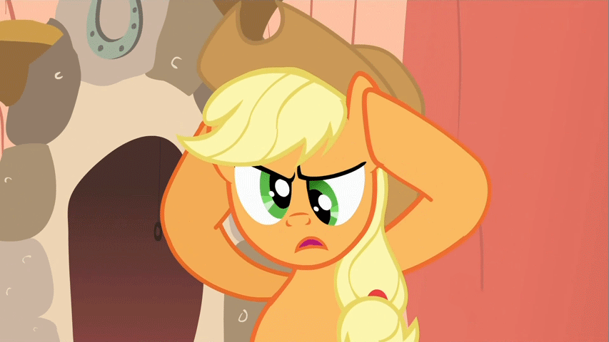 Size: 853x480 | Tagged: safe, screencap, character:applejack, species:earth pony, species:pony, episode:look before you sleep, g4, my little pony: friendship is magic, animated, cross-eyed, frown, gif, holding head, solo, talking