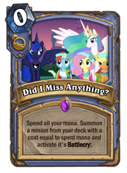 Size: 400x543 | Tagged: safe, screencap, character:applejack, character:fluttershy, character:princess celestia, character:princess luna, character:rainbow dash, species:pony, episode:a canterlot wedding, g4, my little pony: friendship is magic, card, hearthstone, meta, warcraft