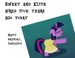 Size: 488x382 | Tagged: safe, screencap, character:twilight sparkle, species:pony, episode:sweet and elite, g4, my little pony: friendship is magic, birthday, clothing, dancing, do the sparkle, dress, meta, solo