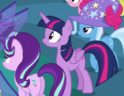 Size: 434x336 | Tagged: safe, screencap, character:pinkie pie, character:starlight glimmer, character:sunset shimmer, character:trixie, character:twilight sparkle, character:twilight sparkle (alicorn), species:alicorn, species:pony, species:unicorn, episode:to where and back again, g4, my little pony: friendship is magic, counterparts, cropped, magical quartet, magical quintet, magical trio, trixie's hat, twilight's counterparts