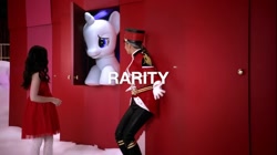 Size: 1282x719 | Tagged: safe, screencap, character:rarity, species:human, species:pony, brushable, chrissy teigen, commercial, irl, isabella russo, live action, photo, pony reference, spoiler, target (store), text, the toycracker, toy