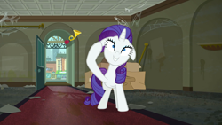 Size: 1366x768 | Tagged: safe, screencap, character:rarity, species:pony, species:unicorn, episode:the saddle row review, g4, my little pony: friendship is magic, dirty, dust, female, floppy ears, grin, insanity, manehattan, mare, rarity for you, saddle row, smiling, solo, spider web, wide eyes