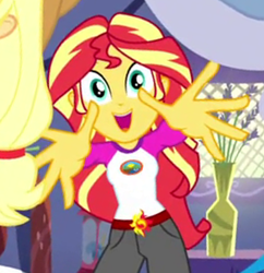 Size: 285x295 | Tagged: safe, screencap, character:applejack, character:sunset shimmer, equestria girls:legend of everfree, g4, my little pony:equestria girls, cropped, cute, hand, happy, reaching, reaching out, shimmerbetes, smiling