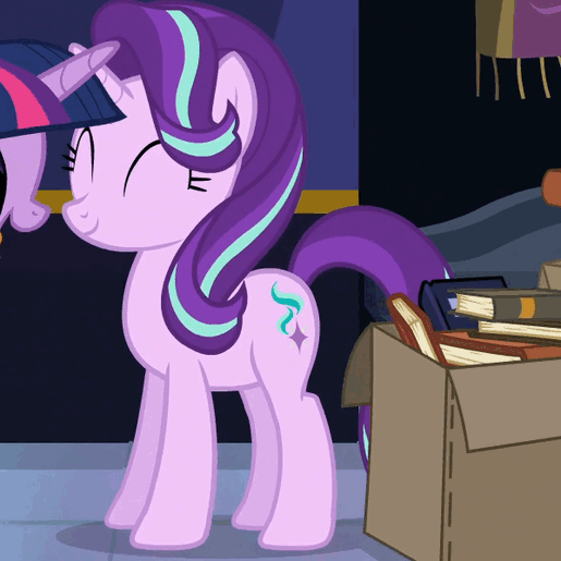 Size: 515x515 | Tagged: safe, screencap, character:starlight glimmer, character:twilight sparkle, character:twilight sparkle (alicorn), species:alicorn, species:pony, species:unicorn, episode:to where and back again, g4, my little pony: friendship is magic, animated, blinking, book, cropped, cute, female, gif, glimmerbetes, happy, mare, offscreen character, solo focus, turning