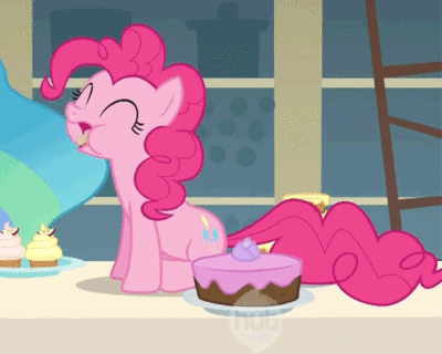 Size: 400x320 | Tagged: safe, screencap, character:pinkie pie, character:princess celestia, species:alicorn, species:earth pony, species:pony, episode:a bird in the hoof, g4, my little pony: friendship is magic, animated, cake, cupcake, cute, diapinkes, eating, eyes closed, female, food, gif, hub logo, mare, puffy cheeks, sitting, solo focus