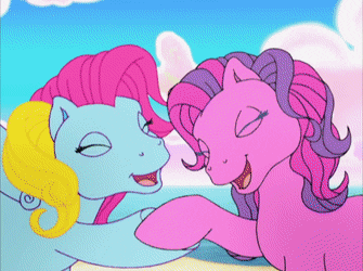 Size: 335x250 | Tagged: safe, screencap, character:coconut grove, character:cotton candy (g3), character:sky wishes, character:thistle whistle, character:triple treat, species:pony, episode:friends are never far away, g3, animated, food, gif, ice cream, ice cream mountain, leaning tower of ice cream