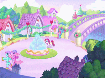 Size: 335x250 | Tagged: safe, screencap, character:minty, character:pinkie pie (g3), character:rainbow dash (g3), species:pony, episode:the runaway rainbow, g3, animated, crystal princess, dancing, decoration, gif, maypole, ribbon