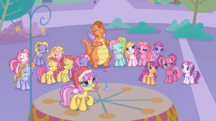 Size: 445x250 | Tagged: safe, screencap, character:cheerilee (g3), character:mayor flitter flutter, character:pinkie pie (g3), character:rainbow dash (g3), character:scootaloo (g3), character:starsong, character:sweetie belle (g3), character:toola roola (g3), character:whimsey weatherbe, species:dragon, species:pony, episode:twinkle wish adventure, g3.5, animated, core seven, gif
