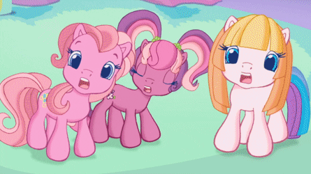 Size: 445x250 | Tagged: safe, screencap, character:cheerilee (g3), character:pinkie pie (g3), character:rainbow dash (g3), character:starsong, character:toola roola (g3), character:twinkle wish, character:whimsey weatherbe, species:dragon, species:pony, episode:twinkle wish adventure, g3.5, animated, gif