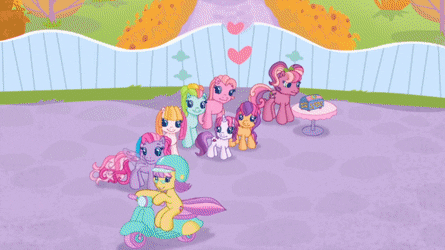 Size: 445x250 | Tagged: safe, screencap, character:cheerilee (g3), character:mayor flitter flutter, character:pinkie pie (g3), character:rainbow dash (g3), character:scootaloo (g3), character:starsong, character:sweetie belle (g3), character:toola roola (g3), species:pony, episode:twinkle wish adventure, g3.5, animated, core seven, gif