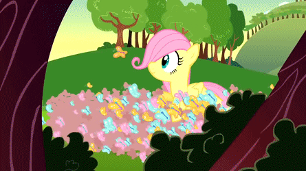 Size: 445x250 | Tagged: safe, screencap, character:fluttershy, species:bird, species:pegasus, species:pony, species:rabbit, episode:the cutie mark chronicles, g4, my little pony: friendship is magic, animated, blank flank, butterfly, female, filly, filly fluttershy, gif, so many wonders, solo, songbird, squirrel