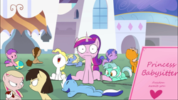 Size: 1366x768 | Tagged: safe, artist:doublewbrothers, screencap, character:lyra heartstrings, character:minuette, character:princess cadance, character:surprise, character:wild fire, oc, oc:fausticorn, species:alicorn, species:pony, :o, alicorn oc, angry, animated at source, babysitting, ball, chains, eyes closed, female, filly, filly lyra, frown, looking at each other, looking up, meghan mccarthy, on back, open mouth, plushie, prone, sibsy, sitting, smiling, thought crimes, underhoof, wavy mouth, wide eyes
