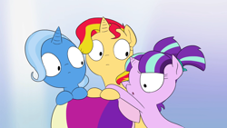 Size: 1366x768 | Tagged: safe, artist:doublewbrothers, screencap, character:princess cadance, character:starlight glimmer, character:sunset shimmer, character:trixie, species:pony, animated at source, counterparts, filly, filly starlight glimmer, filly sunset shimmer, filly trixie, gradient background, open mouth, teen princess cadance, thought crimes, twilight's counterparts, younger